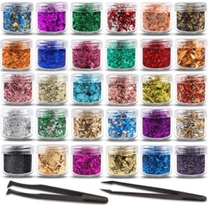 gold flakes for resin, 30 colors metallic foil flakes, colored gilding flakes craft foil with tweezers for resin, nail art, jewelry making, candle molds & painting