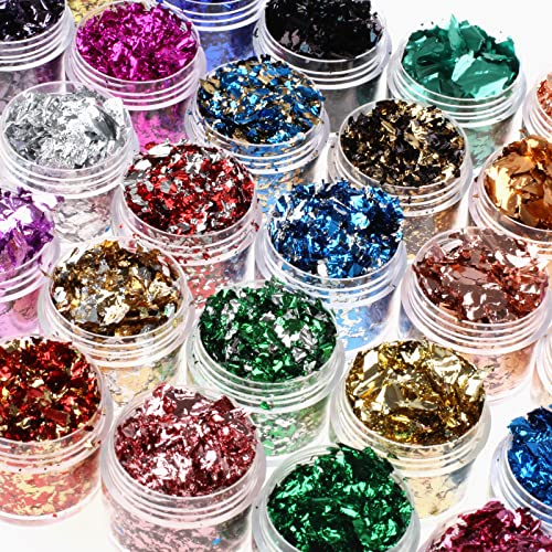 Gold Flakes for Resin, 30 Colors Metallic Foil Flakes, Colored Gilding Flakes Craft Foil with Tweezers for Resin, Nail Art, Jewelry Making, Candle Molds & Painting