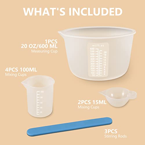 Silicone Measuring Cups for Resin, Resin Supplies with 600&100ml Silicone Cups, Resin Mixing Cups, Silicone Stir Sticks, Epoxy Mixing Cup