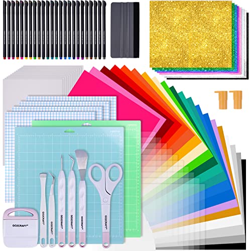 GO2CRAFT Accessories Bundle for Cricut Makers and All Explore Air,90Pcs Ultimate Tools and Accessories with Adhesive Vinyl Sheets, Weeding Tools Bundle, Transfer Vinyl, Cricut Starter Kit for Perfect Crafting Projects