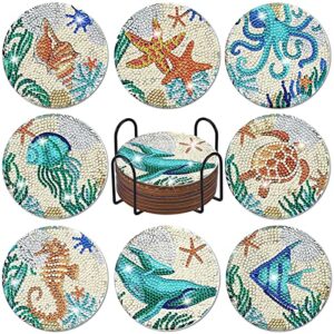 finphoon diamond painting coasters kit with holder, 8 pcs diy diamond painting ocean art coasters kit, diamond painting art kits for adults kids