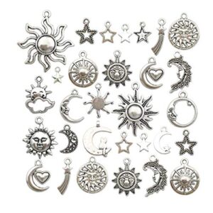 100g(80pcs) craft supplies mixed antique silver sun moon stars charms pendants for crafting, jewelry findings making accessory for diy necklace bracelet (m250)