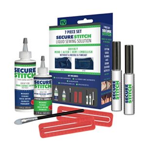 secure stitch liquid sewing solution kit! fabric glue that quickly mends, alters, hems & embellishes without a needle and thread! includes: 4oz.fabric solution & 2oz all fabric solution