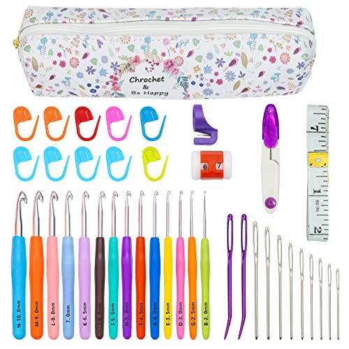 Wateza [40 Pcs] Crochet Hooks Set, 14 Size 2mm(B)- 10mm(N) | Ergonomic Soft Grip Handles Crochet Kit for Beginners, Adults and Arthritic Hands, Complete Crochet Hook Set with Zipper Case