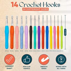 Wateza [40 Pcs] Crochet Hooks Set, 14 Size 2mm(B)- 10mm(N) | Ergonomic Soft Grip Handles Crochet Kit for Beginners, Adults and Arthritic Hands, Complete Crochet Hook Set with Zipper Case