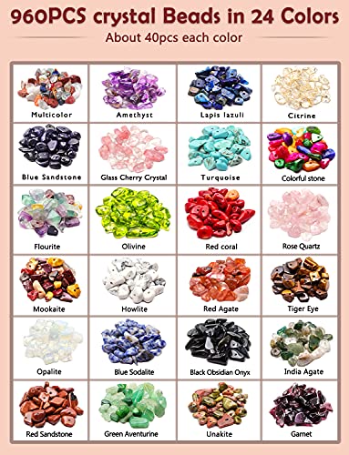 FEEIN Crystal Beads for Jewelry Making Kit, 1045 Pcs Natural Crystal Chips Stone Beads, Irregular Gemstones Crystals Kit with Dangles, Open Jump Rings for DIY Crafts Necklace Earrings Rings Making