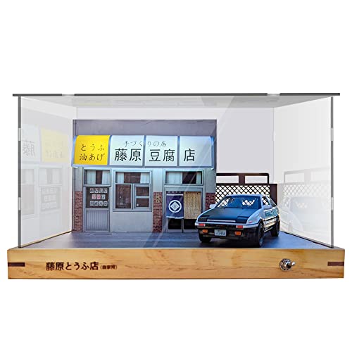 Lonyiabbi 1/32 Scale LED Fujiwara Toufu Store Scene Model Car Acrylic Display Case with AE86 Diecast Car Model JDM Car Model Display Box