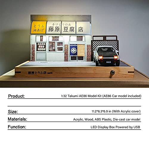 Lonyiabbi 1/32 Scale LED Fujiwara Toufu Store Scene Model Car Acrylic Display Case with AE86 Diecast Car Model JDM Car Model Display Box