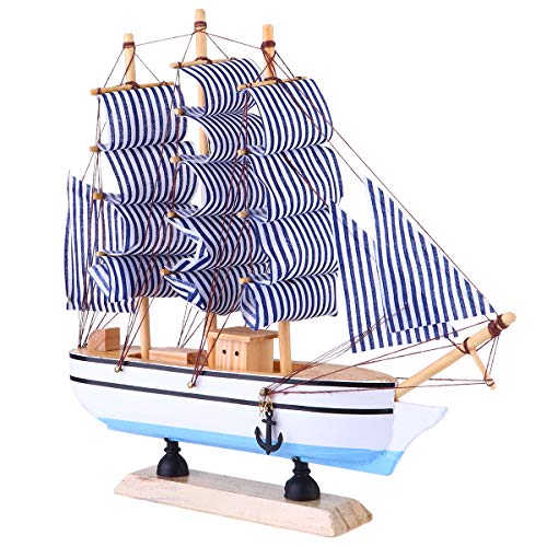 VOSAREA Wood Sailboat Model Blue Ship Figurine 3D Assembling Building Table Ornaments for Home Office Shelf Nautical Decoration Christmas Favors