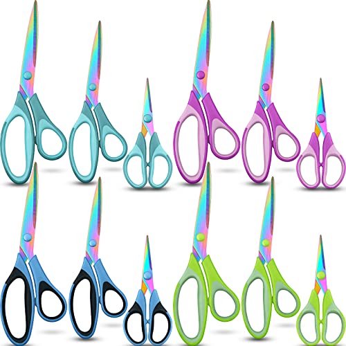 12 Pcs Titanium Blades Shears Craft Scissors Titanium Coating Fabric Scissors Multipurpose Pointed Scissors Bulk with Soft Rubber Grip Handle for Office Sewing Art School Home Supplies 3 Sizes