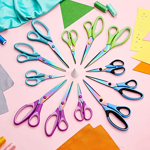 12 Pcs Titanium Blades Shears Craft Scissors Titanium Coating Fabric Scissors Multipurpose Pointed Scissors Bulk with Soft Rubber Grip Handle for Office Sewing Art School Home Supplies 3 Sizes