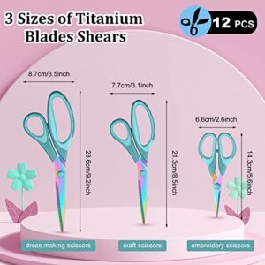 12 Pcs Titanium Blades Shears Craft Scissors Titanium Coating Fabric Scissors Multipurpose Pointed Scissors Bulk with Soft Rubber Grip Handle for Office Sewing Art School Home Supplies 3 Sizes