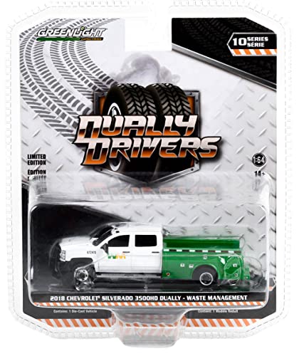 Greenlight 46100-C Dually Drivers Series 10 - 2018 Chevy Silverado 3500 Dually Service Bed - Waste Management 1:64 Scale Diecast