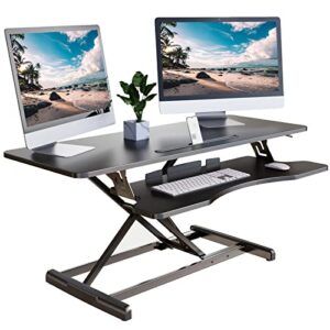 lubvlook standing desk converter, 42″ height adjustable sit stand desk riser for dual monitors with keyboard tray, black