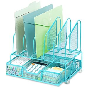 beiz blue desk organizer and accessories storage with 5 vertical file folder holders, paper tray, drawer for women office, home, dorm, workspace to collect office supplies