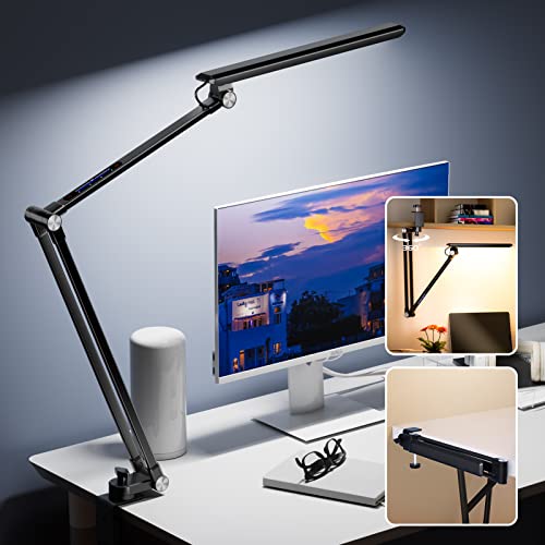 Reifeiniwei LED Desk Lamp,Dimmable 10 Color Modes 2700K-7000K & 10 Brightness,Swing Arm Table Light with Clamp,Eye-Caring Clip-on Lamps with Memory Function for Reading Work Study 700LM-Black…