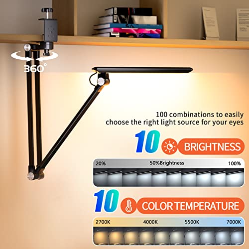 Reifeiniwei LED Desk Lamp,Dimmable 10 Color Modes 2700K-7000K & 10 Brightness,Swing Arm Table Light with Clamp,Eye-Caring Clip-on Lamps with Memory Function for Reading Work Study 700LM-Black…