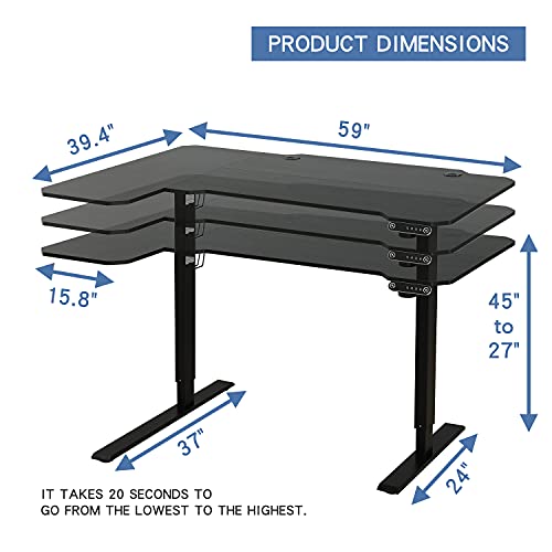 bilbil L-Shaped Electric Height Adjustable Standing Desk 59 Inches, Stand Up Rising Table for Home Office with Splice Board, Black Frame and Top