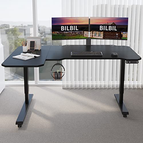 bilbil L-Shaped Electric Height Adjustable Standing Desk 59 Inches, Stand Up Rising Table for Home Office with Splice Board, Black Frame and Top