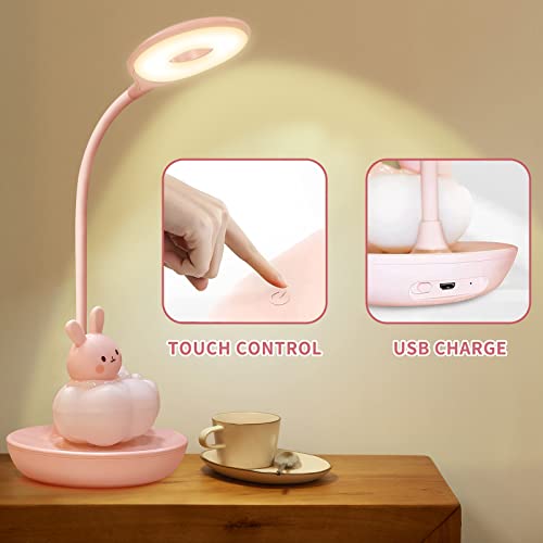 CompraFun Kids Desk Lamp Pink, Dimming Desk Lamp for Girls with Exclusive Cartoon Look, Cute Night Light for Kids Bedroom, Eye-Caring LED Portable Reading Lamp for Child, Unique Gift (Pink Rabbit)