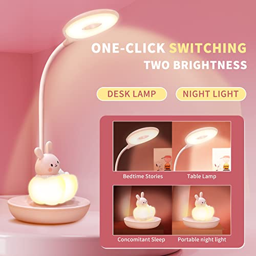 CompraFun Kids Desk Lamp Pink, Dimming Desk Lamp for Girls with Exclusive Cartoon Look, Cute Night Light for Kids Bedroom, Eye-Caring LED Portable Reading Lamp for Child, Unique Gift (Pink Rabbit)