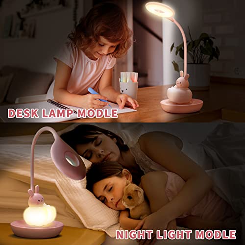 CompraFun Kids Desk Lamp Pink, Dimming Desk Lamp for Girls with Exclusive Cartoon Look, Cute Night Light for Kids Bedroom, Eye-Caring LED Portable Reading Lamp for Child, Unique Gift (Pink Rabbit)