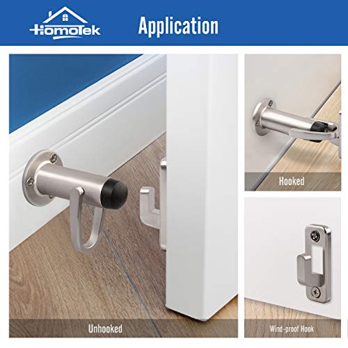 HOMOTEK 2 Pack Heavy Duty Door Stopper with Manual Hook,Door Holder Stop with Sound Dampening Rubber Bumper Wall Mounted, Brushed Satin Nickel