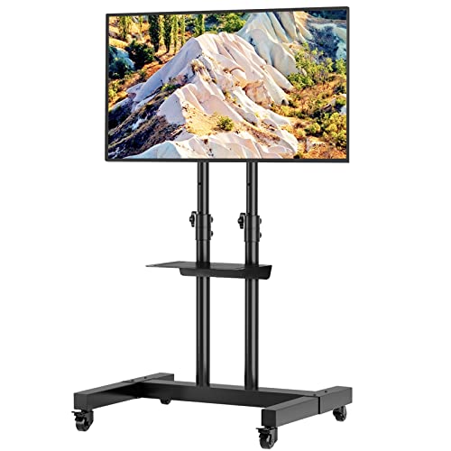 Mobile TV Stand on Wheels for 32-70 inch Flat Screen/Curved TVs, Television Stands with Wheels and Height Adjustable, Rolling TV Stand MAX VESA 600*400mm, TV Cart Rolling TV Stand with Shelf, Black