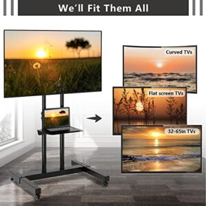 Mobile TV Stand on Wheels for 32-70 inch Flat Screen/Curved TVs, Television Stands with Wheels and Height Adjustable, Rolling TV Stand MAX VESA 600*400mm, TV Cart Rolling TV Stand with Shelf, Black