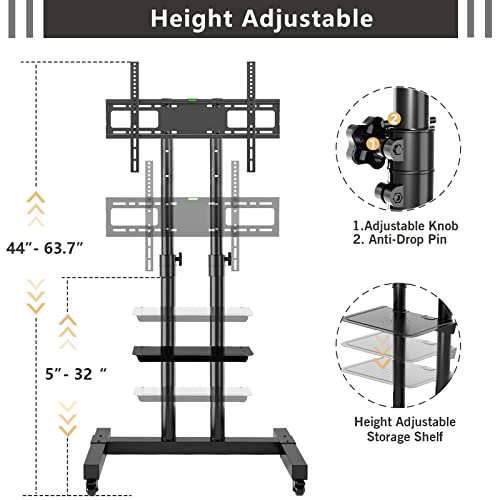 Mobile TV Stand on Wheels for 32-70 inch Flat Screen/Curved TVs, Television Stands with Wheels and Height Adjustable, Rolling TV Stand MAX VESA 600*400mm, TV Cart Rolling TV Stand with Shelf, Black