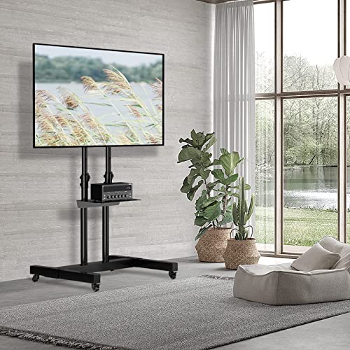 Mobile TV Stand on Wheels for 32-70 inch Flat Screen/Curved TVs, Television Stands with Wheels and Height Adjustable, Rolling TV Stand MAX VESA 600*400mm, TV Cart Rolling TV Stand with Shelf, Black