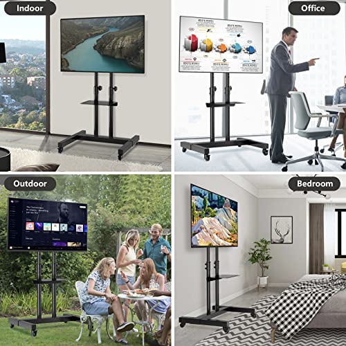 Mobile TV Stand on Wheels for 32-70 inch Flat Screen/Curved TVs, Television Stands with Wheels and Height Adjustable, Rolling TV Stand MAX VESA 600*400mm, TV Cart Rolling TV Stand with Shelf, Black