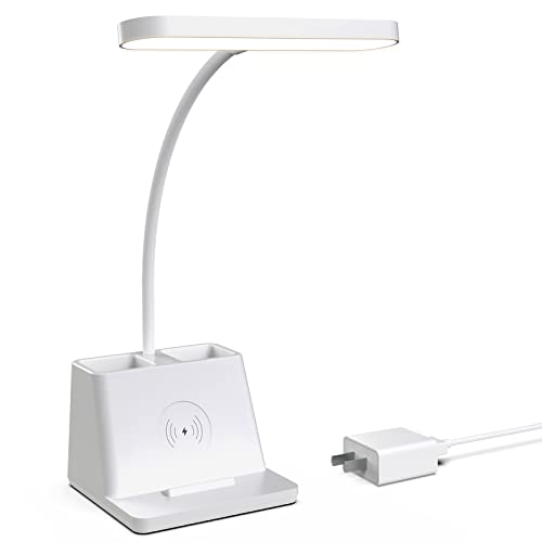 Tapwak Small Desk Lamp with Wireless Charger, White Gooseneck Desktop Lamp, Study Lamps for Bedrooms/Small Spaces Desk Lights for Home Office with Pen Holder, Cute Desk Lamp for College Dorm Room