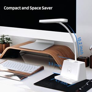Tapwak Small Desk Lamp with Wireless Charger, White Gooseneck Desktop Lamp, Study Lamps for Bedrooms/Small Spaces Desk Lights for Home Office with Pen Holder, Cute Desk Lamp for College Dorm Room