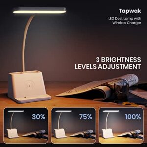 Tapwak Small Desk Lamp with Wireless Charger, White Gooseneck Desktop Lamp, Study Lamps for Bedrooms/Small Spaces Desk Lights for Home Office with Pen Holder, Cute Desk Lamp for College Dorm Room