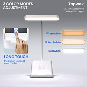 Tapwak Small Desk Lamp with Wireless Charger, White Gooseneck Desktop Lamp, Study Lamps for Bedrooms/Small Spaces Desk Lights for Home Office with Pen Holder, Cute Desk Lamp for College Dorm Room