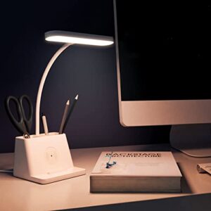 Tapwak Small Desk Lamp with Wireless Charger, White Gooseneck Desktop Lamp, Study Lamps for Bedrooms/Small Spaces Desk Lights for Home Office with Pen Holder, Cute Desk Lamp for College Dorm Room