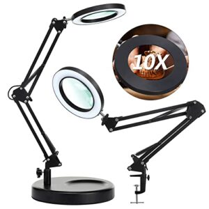 10x desk magnifying glass with light, nueyio 2-in-1 heavy duty base&clamp magnifying lamp, 4.1” real glass len, 3 color stepless dimmable led lighted magnifier glass for soldering crafts sewing