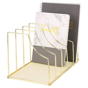 simmer stone file sorter organizer, 5 section magazine holder rack, desktop wire book stand for mail, paper, document, folder, record and desk accessories, gold