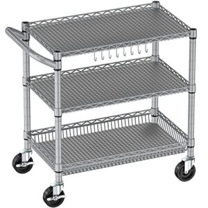 3 tier rolling cart heavy duty, utility cart with wheels kitchen storage cart metal cart organizer with adjustable shelves commercial grade service cart with handle bar shelf liners