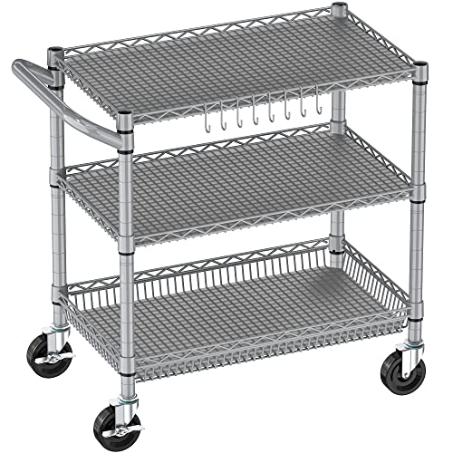 3 Tier Rolling Cart Heavy Duty, Utility Cart with Wheels Kitchen Storage Cart Metal Cart Organizer with Adjustable Shelves Commercial Grade Service Cart with Handle Bar Shelf Liners