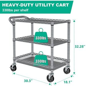 3 Tier Rolling Cart Heavy Duty, Utility Cart with Wheels Kitchen Storage Cart Metal Cart Organizer with Adjustable Shelves Commercial Grade Service Cart with Handle Bar Shelf Liners