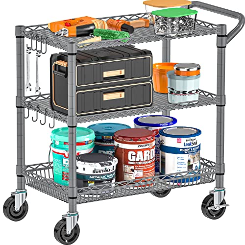 3 Tier Rolling Cart Heavy Duty, Utility Cart with Wheels Kitchen Storage Cart Metal Cart Organizer with Adjustable Shelves Commercial Grade Service Cart with Handle Bar Shelf Liners