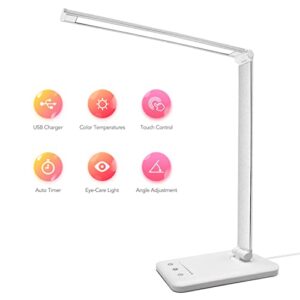 Led Desk Lamp, HMFUNTM Desk Lamp with USB Charging Port, 5 Color Modes, 10 Brightness, Natural Light, Eye Caring Reading Lamp, Desk Light for Home Office, Table Lamp, Touch Control, Auto-Timer, Silver