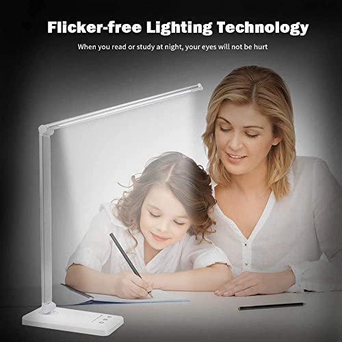 Led Desk Lamp, HMFUNTM Desk Lamp with USB Charging Port, 5 Color Modes, 10 Brightness, Natural Light, Eye Caring Reading Lamp, Desk Light for Home Office, Table Lamp, Touch Control, Auto-Timer, Silver