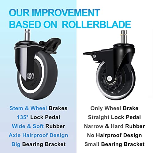 WUDOYO Professional Locking Office Chair Wheels with Brakes Wide Rubber Heavy Duty Replacement for Carpet Wood Tile Floor(with 5 Locks)