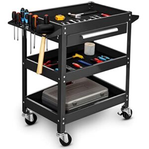 ergomaster 3 tier rolling tool cart, 330 lbs capacity industrial service cart, heavy duty steel utility cart, tool organizer with drawer, design for garage, warehouse & repair shop （black）
