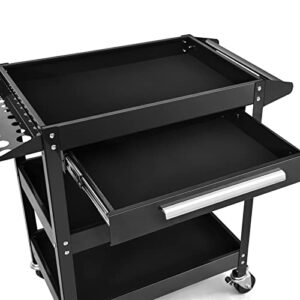 ERGOMASTER 3 Tier Rolling Tool Cart, 330 LBS Capacity Industrial Service Cart, Heavy Duty Steel Utility Cart, Tool Organizer with Drawer, Design for Garage, Warehouse & Repair Shop （Black）