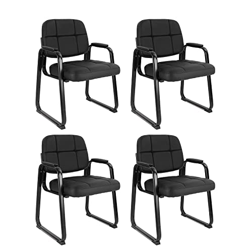 CLATINA Waiting Room Guest Chair with Bonded Leather Padded Arm Rest for Office Reception and Conference Desk Black with Sled Base 4 Pack