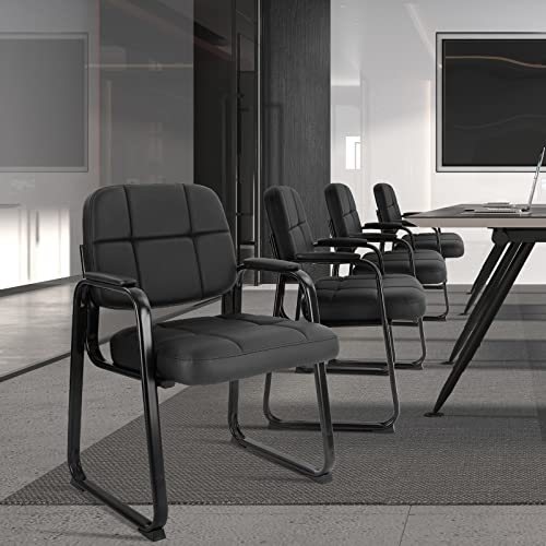 CLATINA Waiting Room Guest Chair with Bonded Leather Padded Arm Rest for Office Reception and Conference Desk Black with Sled Base 4 Pack